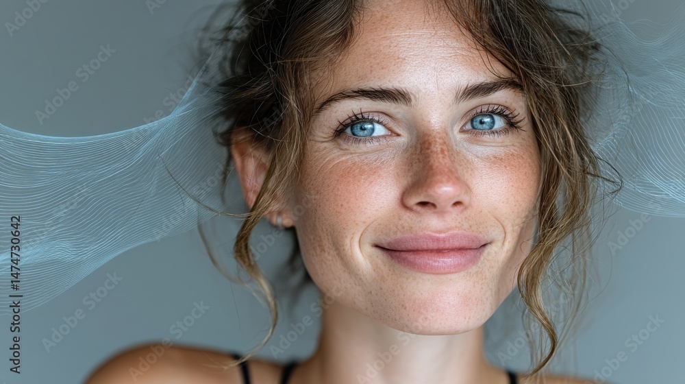 Poster technology style whit net glowing wave,glowing line glow wave,glow line , smiling woman at dentis