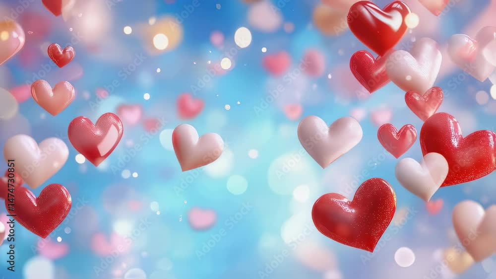 Poster red and pink heart shapes floating against soft blue bokeh background with sparkling particles. drea