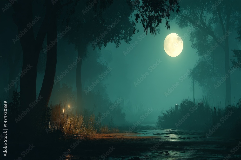 Poster Nighttime forest illuminated by a full moon with mist and shadows casting a mystical atmosphere