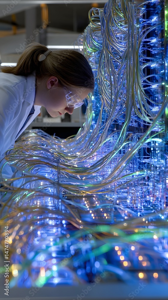 Poster dedicated female technician troubleshooting computer panel while engaged in problem solving