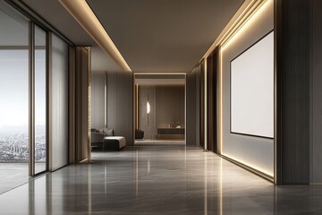 Modern hallway with city views