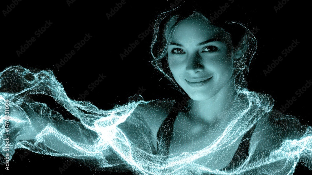 Poster technology style whit net glowing wave,glowing line glow wave,glow line , smiling woman with bengal 