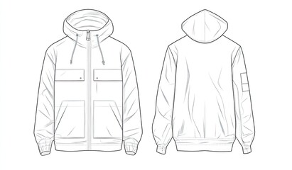 Technical drawing of a hooded jacket, front and back views.  Detailed design lines show pockets, zippers, and hood