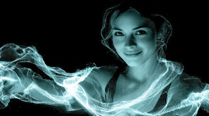 technology style whit net glowing wave,glowing line glow wave,glow line , smiling woman with bengal light,stock photo