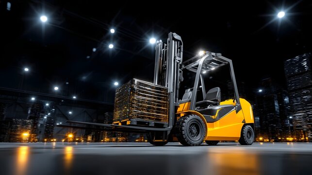 Fork truck operator skillfully maneuvering pallets dynamically in busy warehouse environment