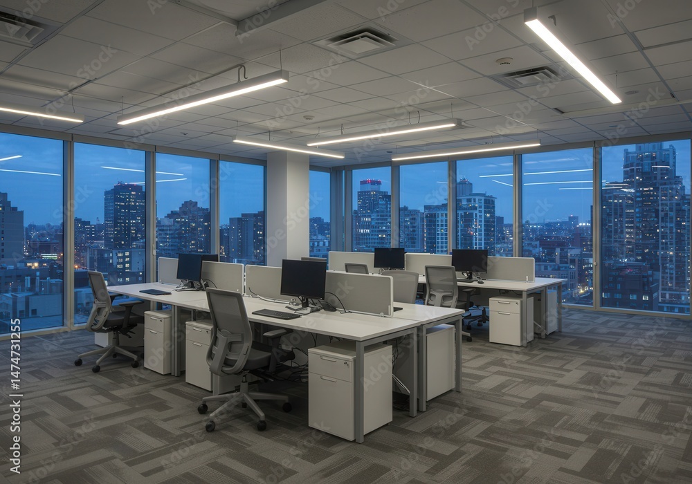 Poster a modern office space with desks computers and a city view at dusk seen through large windows