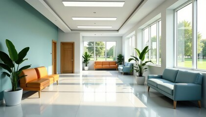 Modern, bright doctor's surgery waiting area with comfortable seating and natural light , reception, minimalist, furniture