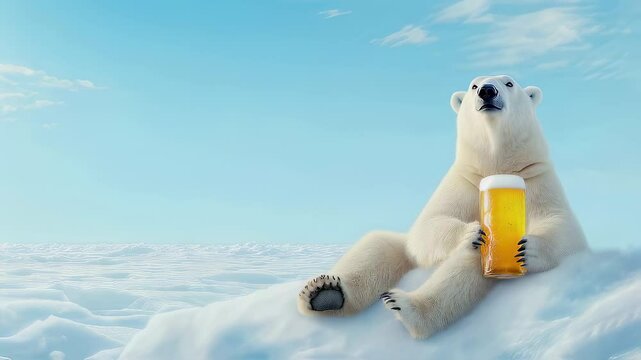 White polar bear sitting on ice holding glass of beer, blue sky background with soft clouds, detailed fur and beer glass with condensation
