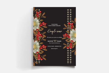 WEDDING INVITATION FRAME WITH FLOWER DECORATIONS AND FRESH LEAVES