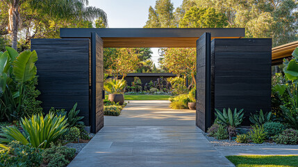 Modern black gate opens to reveal lush green backyard.