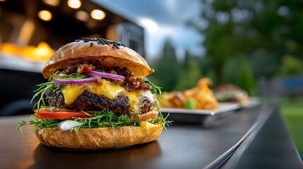 Gourmet burger loaded with fresh toppings served at trendy food truck for food lovers