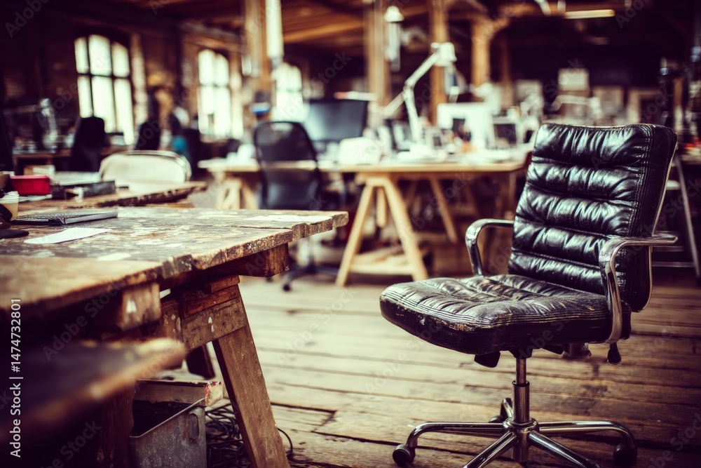 Poster modern workspace with vintage design elements and empty chair