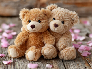 Fototapeta premium Two plush teddy bears snuggle amidst scattered pink flower petals on a rustic wood surface
