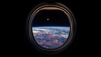 Earth seen through a spaceship window.  A stunning view of the planet from space, showing clouds, landmasses, and a clear horizon. A satellite is visible in the dark void