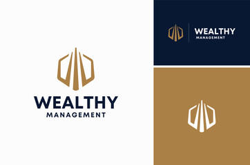 Hexagon Initial Letter W or M or WM MW as Building Tower skyscraper for Wealth Business Property Investment Company logo design