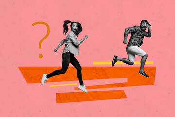 Trendy poster art collage of happy girl guy run question mark ponder brainstorm idea finding...