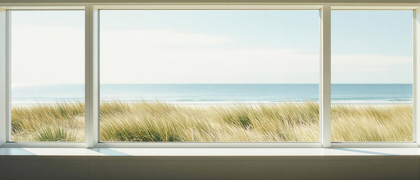 Meerblick durch lange Fensterbanner mit viel Platz f&uuml;r Text, sommerlicher Hintergrund