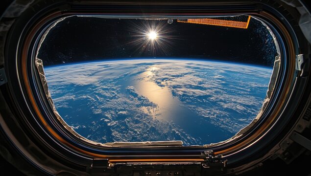 Earth seen from space through a spacecraft window.  