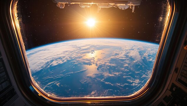 Fototapeta Earth seen from space through a spacecraft window.  Sunrise over a planet
