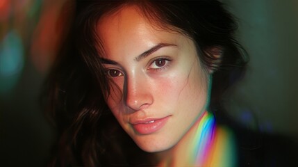 full-body shot of woman . smile eyes and dark brown eyes. chromatic aberration. blur. camera rotated 25 degrees