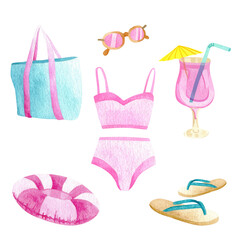 Watercolor beach icon set with pink bikini, inflatable ring, cocktail, flip flops, sunglasses, and beach bag. Hand-painted summer vacation elements for tropical design, travel, and relaxation.