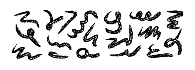Hand drawn Abstract Scribbles Set. Grunge Marker Lines Isolated on White Background. Black grunge charcoal strokes, squiggle, swirls, smears and shapes by pencil.