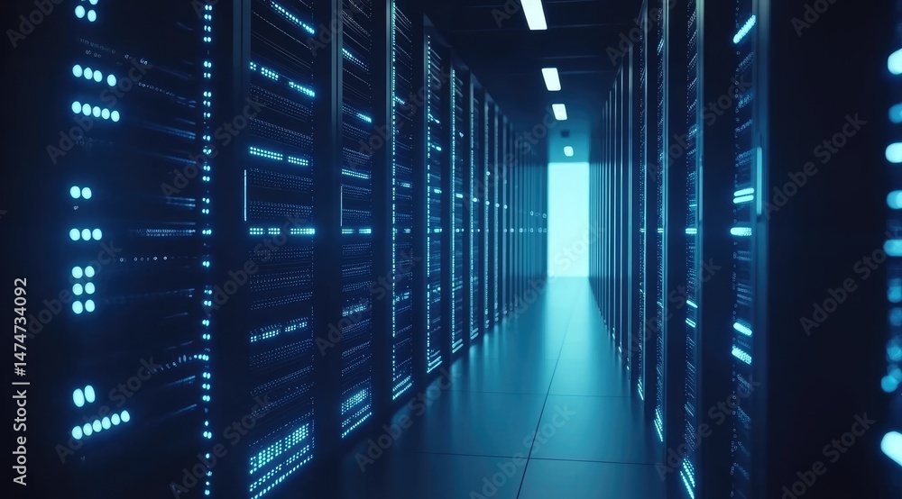 Poster Perspective view of a long narrow data center hallway with bright LED-lit servers and a bright backlight exit, evoking futuristic storage and AI server management