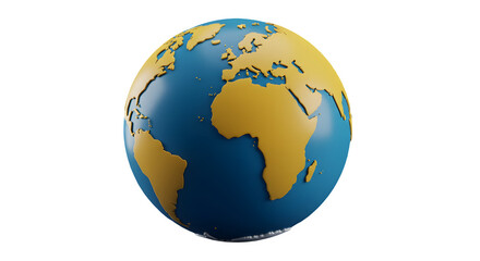 Naklejka premium Stylized 3D model of Earth, continents in yellow, oceans in blue. Isolated on white or transparent background