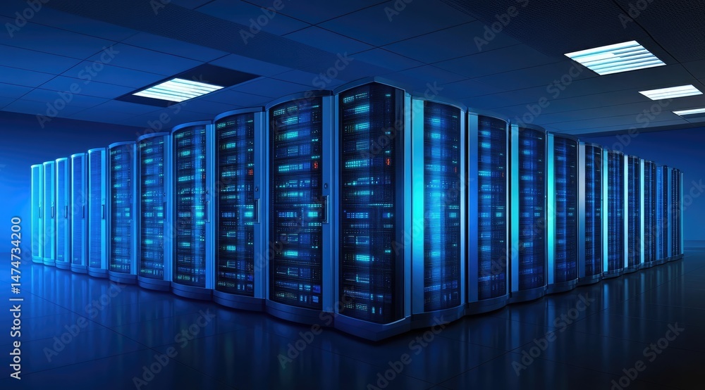 Poster Elegant curve of high-performance server towers in a clean room environment, illuminated by LED lights, emphasizing cloud scalability and enterprise hardware