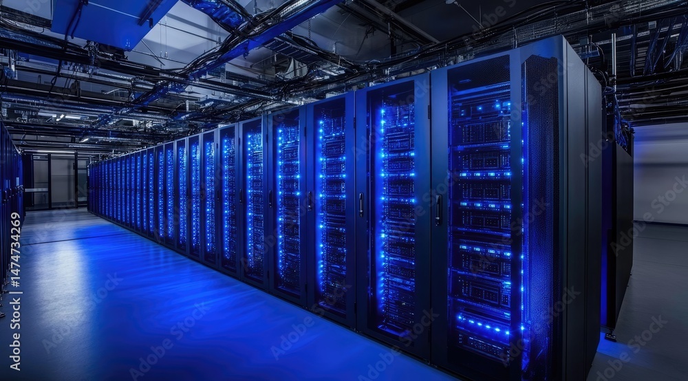 Poster Large scale cloud computing center with extensive server infrastructure, visible cabling, cool blue lighting and top-tier processing for AI and secure storage