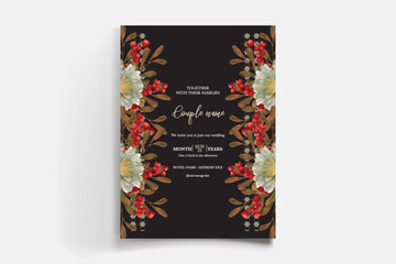 WEDDING INVITATION FRAME WITH FLOWER DECORATIONS AND FRESH LEAVES