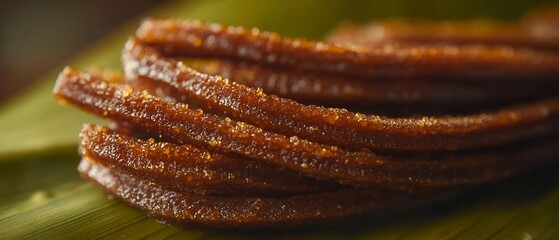 Fruit leather slices stacked on a green leaf, close-up