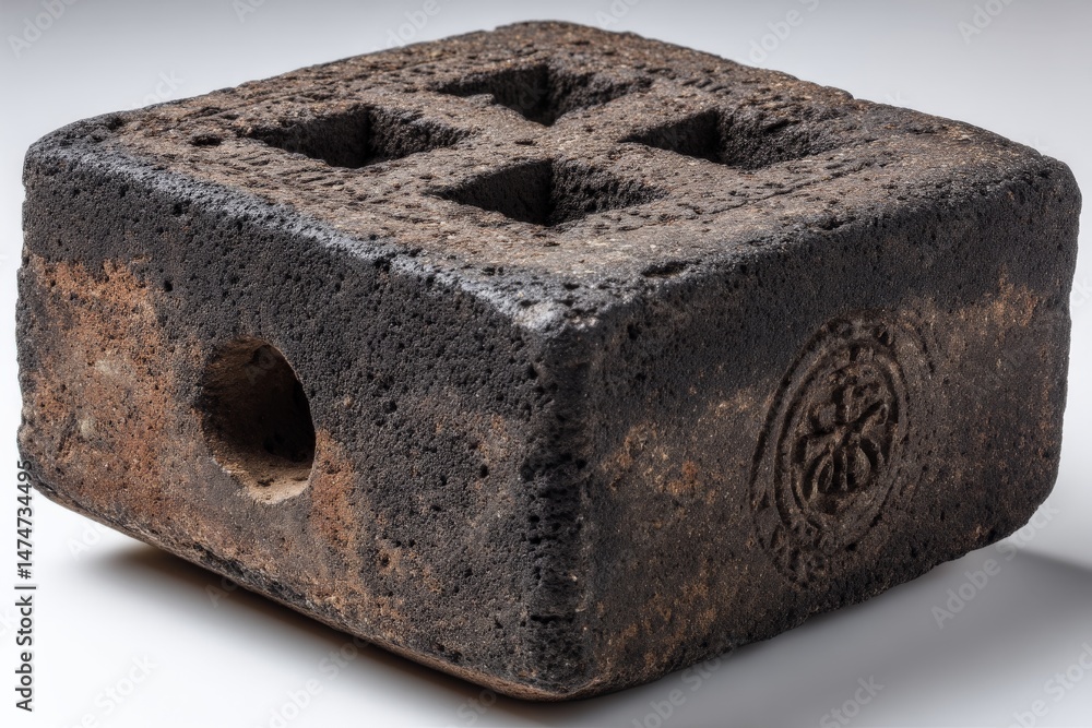 Poster Historical artifact made of stone with distinctive markings and features displayed on a clean surface