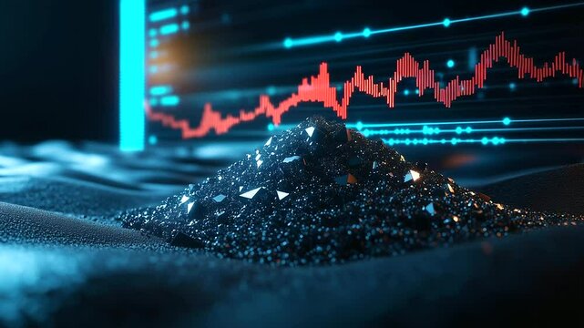 A small yet highly valuable pile of refined rare earth minerals glowing under factory lights, with a digital stock market graph overlay symbolizing global demand.