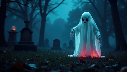Spooky translucent ghost figure floating in a darkened graveyard, Halloween night , grave, scary background, macabre