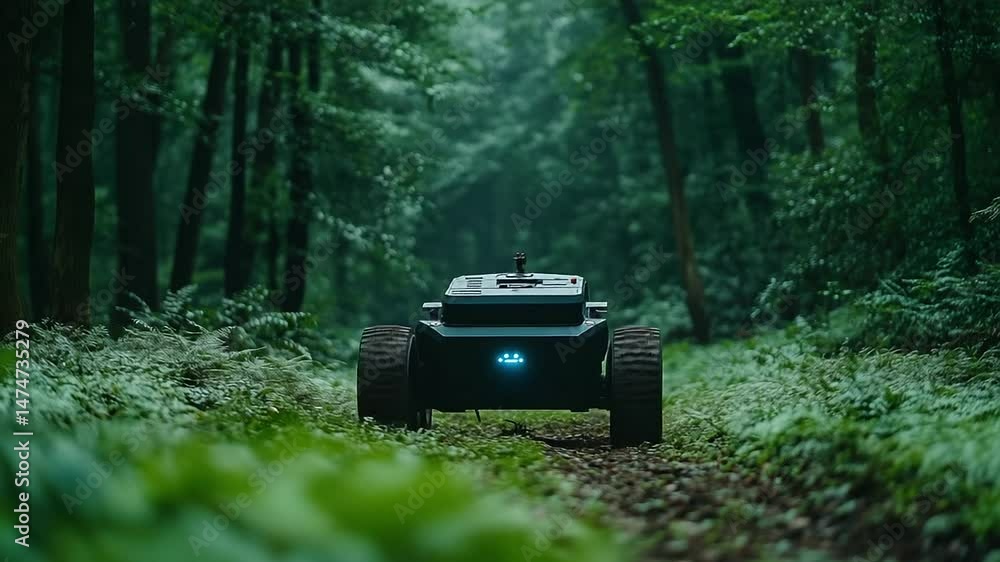 Poster a state-of-the-art autonomous forestry robot moving through a woodland area, collecting environmenta