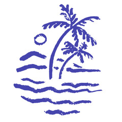 Tropic style vacation. Hand drawn sun and waves scene vector illustrations. Grunge rough doodle sketch coconut palm tree, sea and beach. Blue chalk charcoal drawings for poster, placard or print. © KPstudio