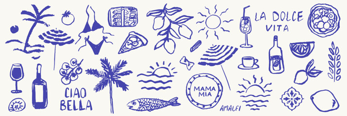 Italian or greek style vacation hand drawn vector illustrations in grunge chalk or charcoal rough doodle sketch style elements. Summer vacation in ink simple style. Drawings for poster, placard print.