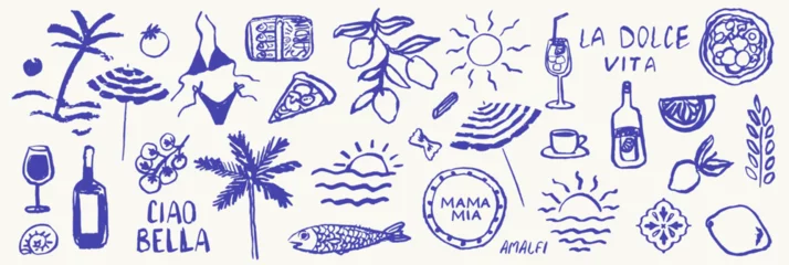 Fototapeten Italian or greek style vacation hand drawn vector illustrations in grunge chalk or charcoal rough doodle sketch style elements. Summer vacation in ink simple style. Drawings for poster, placard print. © KPstudio