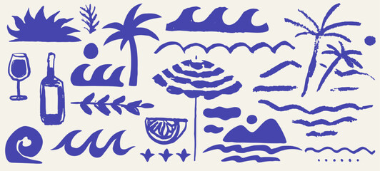 Plakat Italian greek style vacation hand drawn vector illustrations in grunge scribble rough doodle sketch style elements. Wave, surf, palm tree vacation in chalk charcoal style. Drawings for poster, placard
