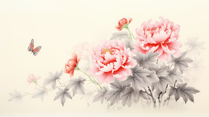 red peony and butterfly traditional painting illustration abstract background decorative painting