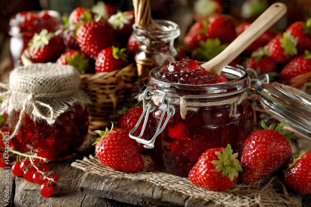 Poster strawberry jam preparation with fresh strawberries and rustic kitchen setup in afternoon light