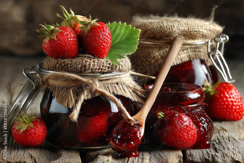 Poster homemade strawberry jam in jars with fresh strawberries and wooden spoon on rustic table