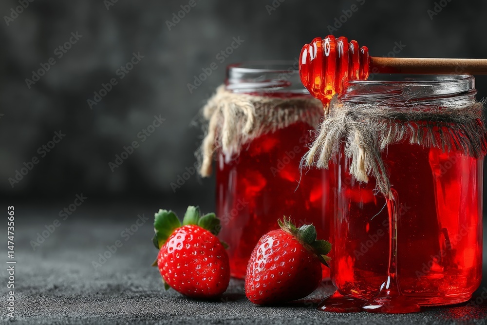 Poster fresh strawberry jam in jars with honey drizzled on top and strawberries beside, ready for spreading