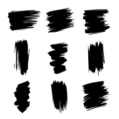  A collection of modern grungy paint brush strokes is presented, featuring calligraphy with straight smears, stamp, and lines, all hand drawn in ink and isolated on a white background with modern