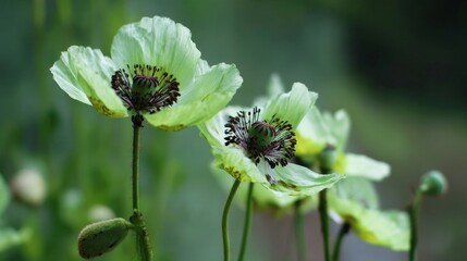 Obraz premium green poppies, petals as light as paper, dancing in the breeze, gren petals with black spots, adding a bit of charm