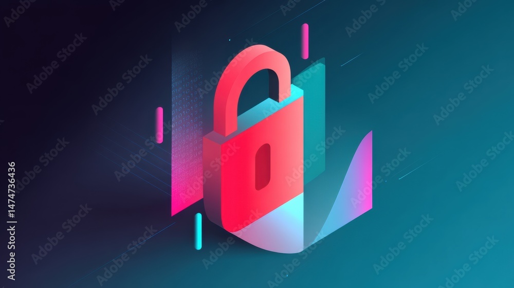 Poster a 3d padlock symbolizes cybersecurity and data protection, set against a digital, abstract backgroun
