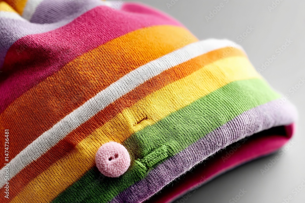 Poster colorful striped beanie with a pink button displayed on a flat surface in bright lighting during day