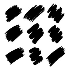  A collection of modern grungy paint brush strokes is presented, featuring calligraphy with straight smears, stamp, and lines, all hand drawn in ink and isolated on a white background with modern