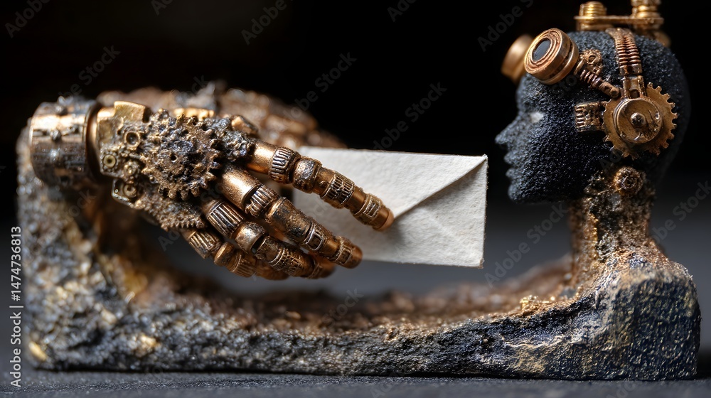 Poster miniature model of a robot captured in extreme detail highlighting craftsmanship and design